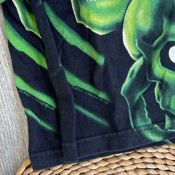 Liquid Blue Authentic Green Skull Print Black T Shirt Large Adult Vintage 2001 - Picture 5 of 16